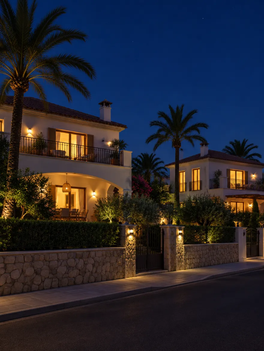 Villas encaladas de la urbanización de noche, con las ventanas encendidas