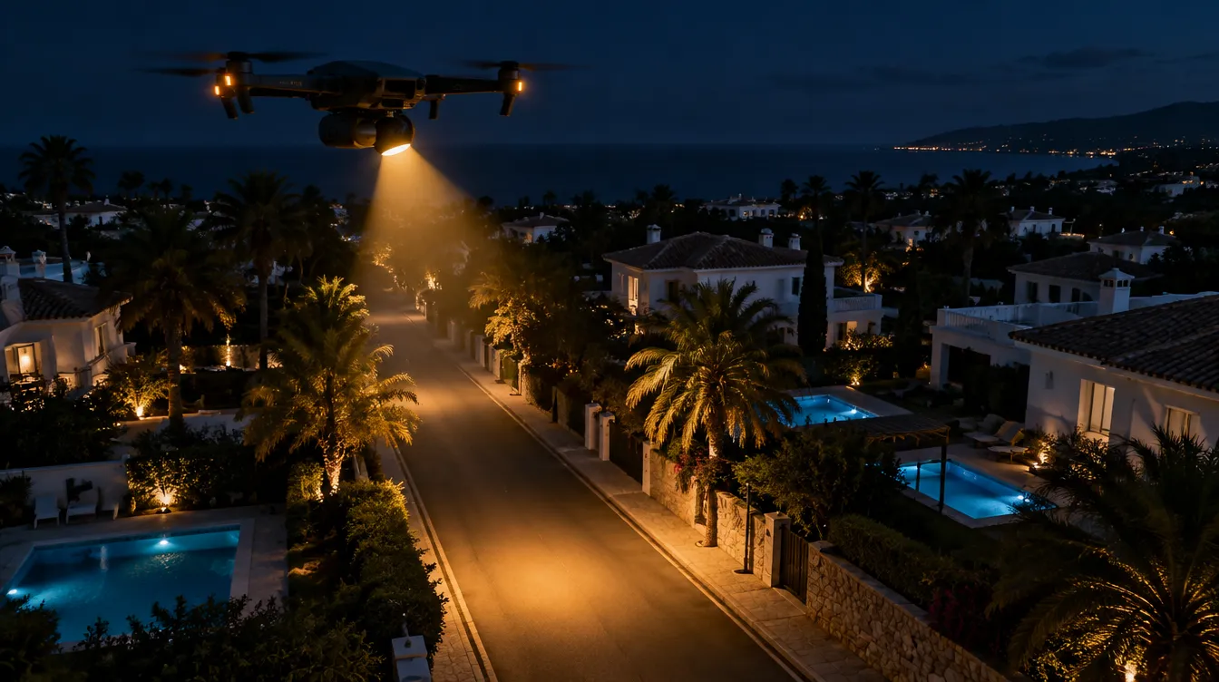 Imagen de concepto: un dron con el foco encendido ilumina de noche la calle de una urbanización con palmeras y piscinas