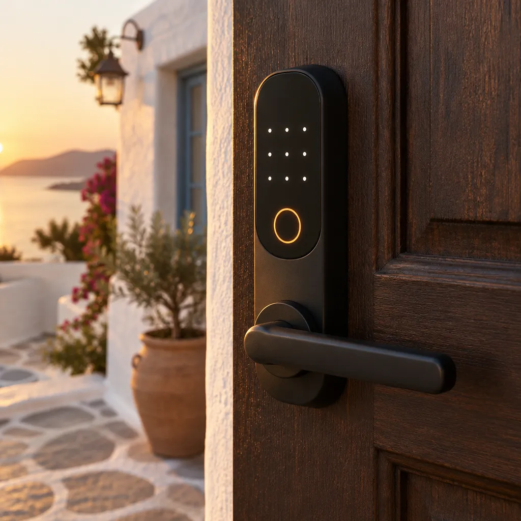 Cerradura inteligente en la puerta de madera de una casa encalada, al atardecer